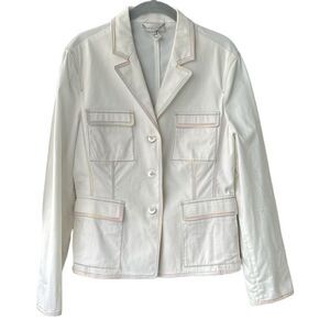 Louis Feraud Paris White Collared Blazer Jacket Rainbow Stitching Size 10